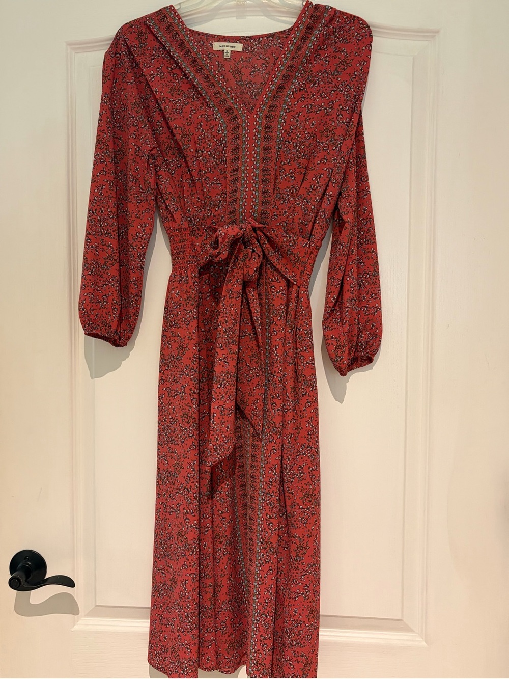 Max Studio Red Floral Tie-Belt Midi Dress
